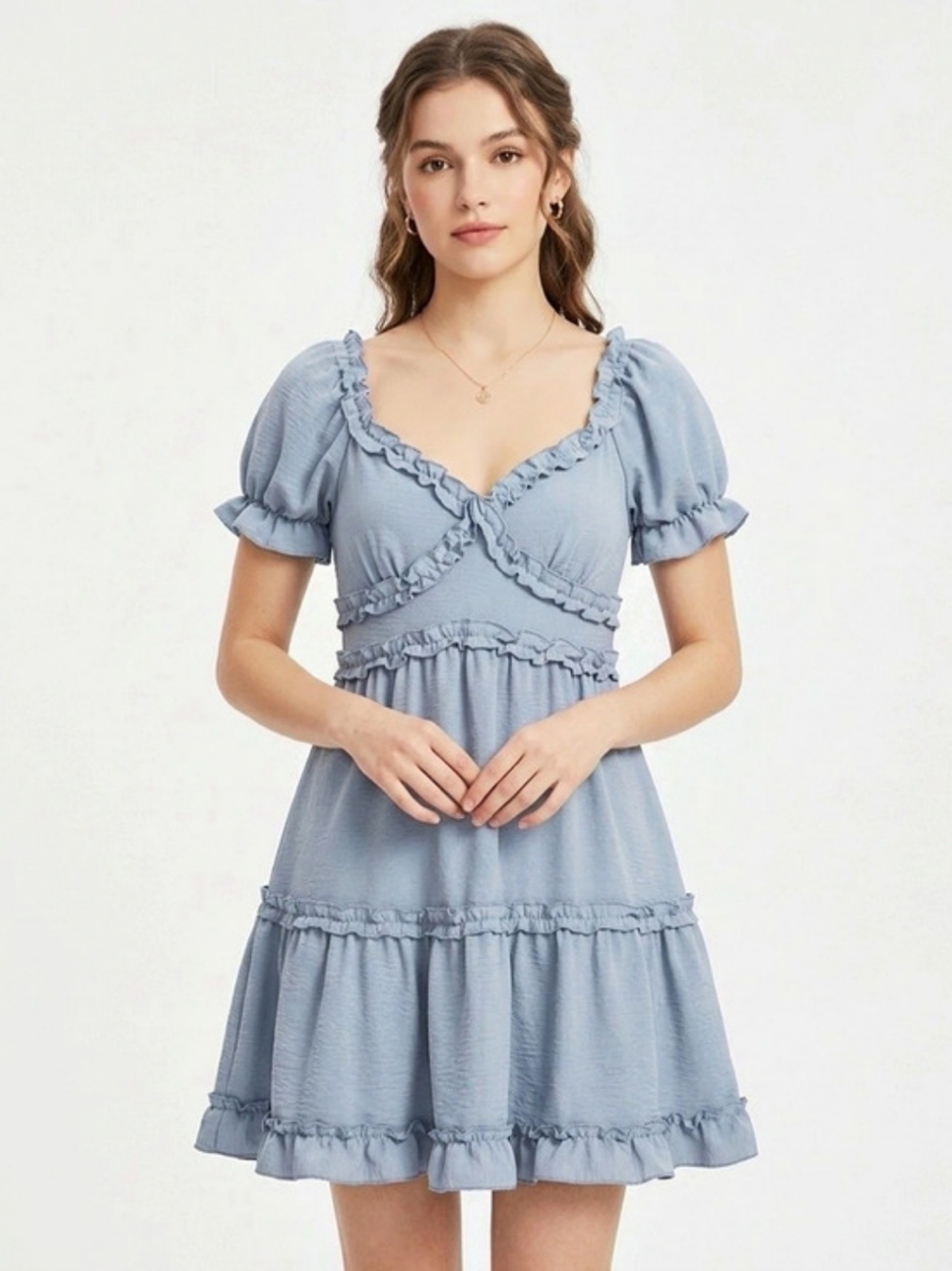 Inspired Hearts Blue Ruffle Babydoll Mini Dress Puff Sleeves Cottagecore